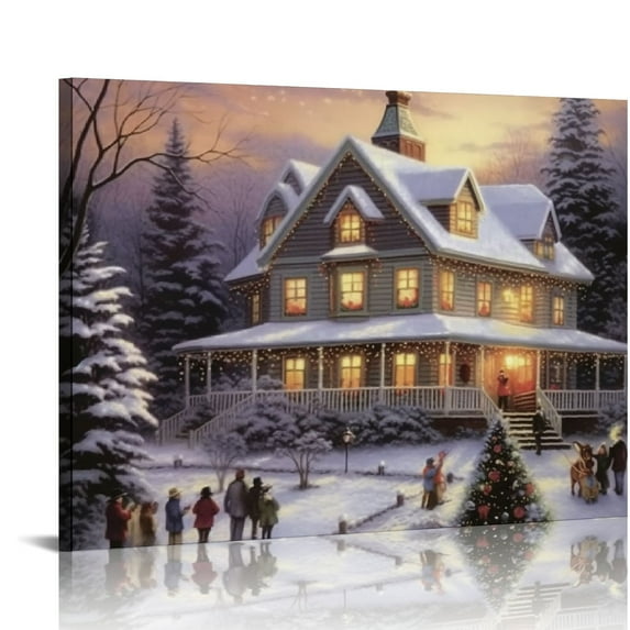 Jiayy Christmas Lighted Canvas Print - Winter Scene Wall Art with a Victorian House in a Snowy Setting - the Christmas Trees Light Up - 20x16 inch