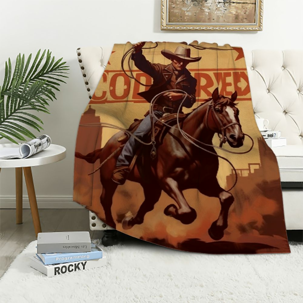 Jiayy Cowboy Throw Blanket Rodeo Poster with a Cowboy Sitting on a