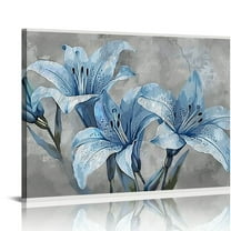 Jiayy Flower Canvas Wall Art Navy Blue Elegant lily flower Painting Picture Prints Home Living Room Bedroom Decor (Blue)