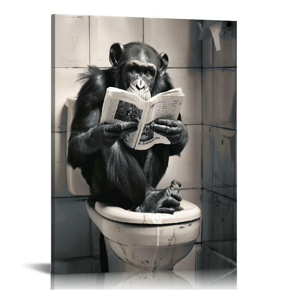 Jiayy Funny Gorilla Bathroom Canvas Wall Art Cute Monkey In Toilet ...