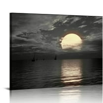 Jiayy  Large Black and White Canvas Full Moon Wall Art Sunset Picture Prints Moon on Sea Ocean Landscape Artwork for Home Decor Framed Ready to Hang 20x16in