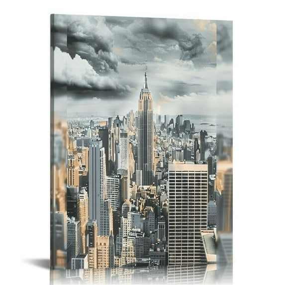 Jiayy Large New York City Canvas Wall Art Modern Black and White NYC at Gold Sunset Picture Prints Cityscape Skyline Poster Framed for Home Office 12x16 in