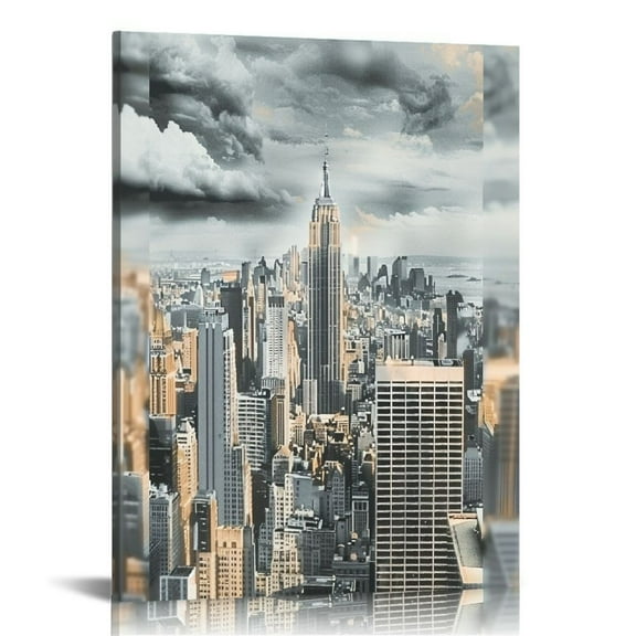 Jiayy  Large New York City Canvas Wall Art Modern Black and White NYC at Gold Sunset Picture Prints Cityscape Skyline Poster Framed for Home Office 16x20 in