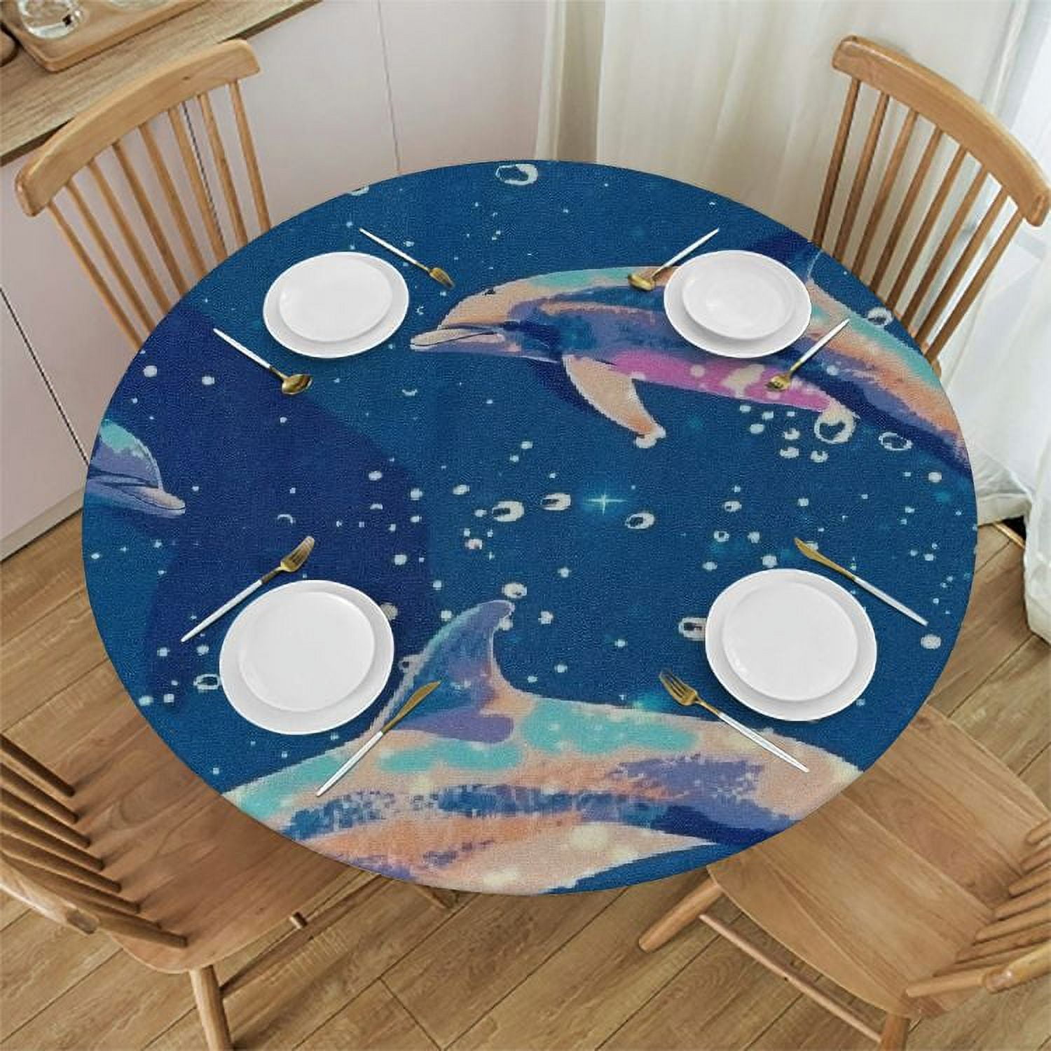 Jiayy Navy Blue Outdoor Tablecloth, Dolphin Pattern Waterproof Round ...