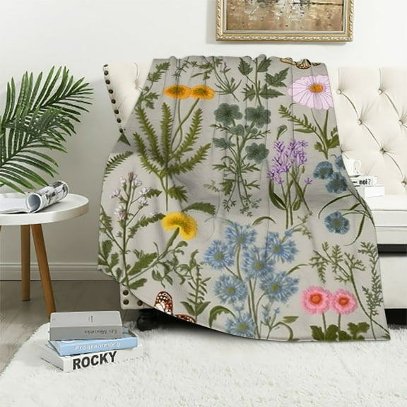 Jiayy  Spring Throw Blanket Wildflowers Butterfly Blanket Green Wild Flower Plant Blankets Vintage Herbs Blanket Colorful Wild Flowers Printed Flannel Blanket for Bed Sofa Chair