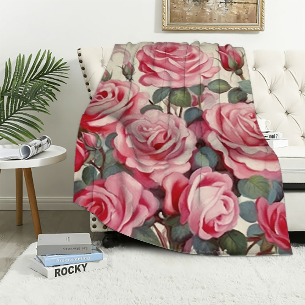 Jiayy Valentine's Day Rose Flower Pink Floral Heart Fleece Blanket ...