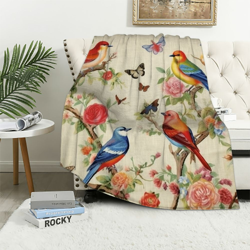 Jiayy Watercolor Birds Throw Blanket Gifts for Girls, Vintage Beige