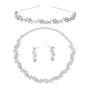 Jibingyi Bridal Wedding Rhinestone Decorated Floral Jewelry Set Tiara Necklace Earrings (Silver)