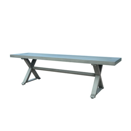 Jica Outdoor Dining Bench, X Shape Legs, Slatted Dark Gray Metal, 59 Inch