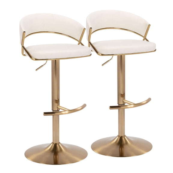Jie Contemporary Adjustable Barstool with Swivel in Gold Metal and Cream Velvet with Rounded T Footrest by - Set of 2
