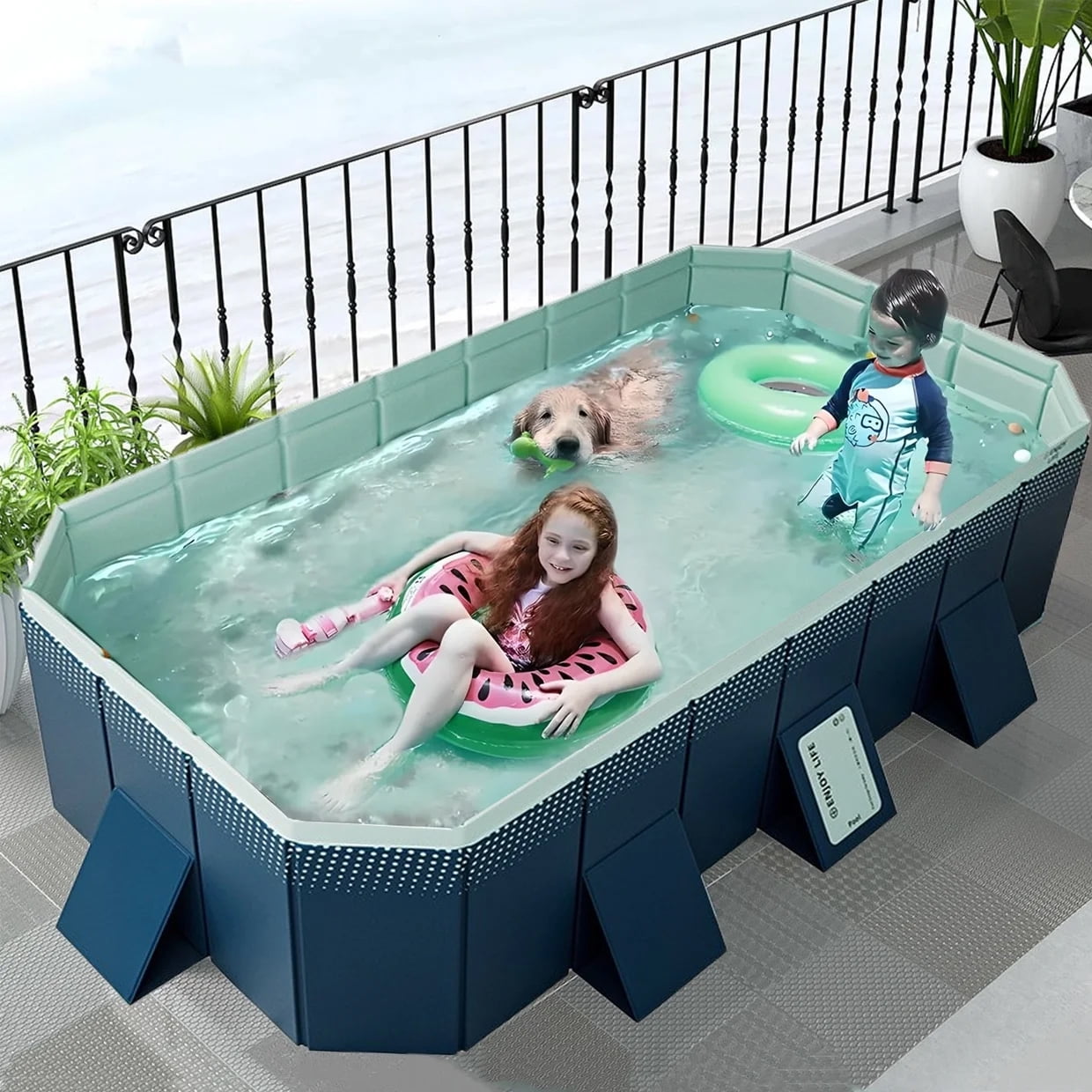 JieC 102in Foldable Swimming Pool, Large Non-Inflatable Adults Kids Outdoor Pools for Patio, Yard, Blue