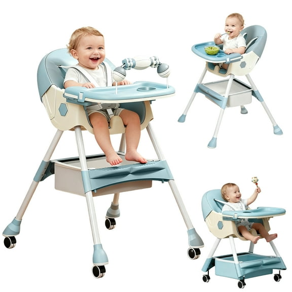 JieC 3 in 1 Baby High Chair, Foldable Baby Feeding Chair, for Infants and Toddlers 0-24 Months, Blue