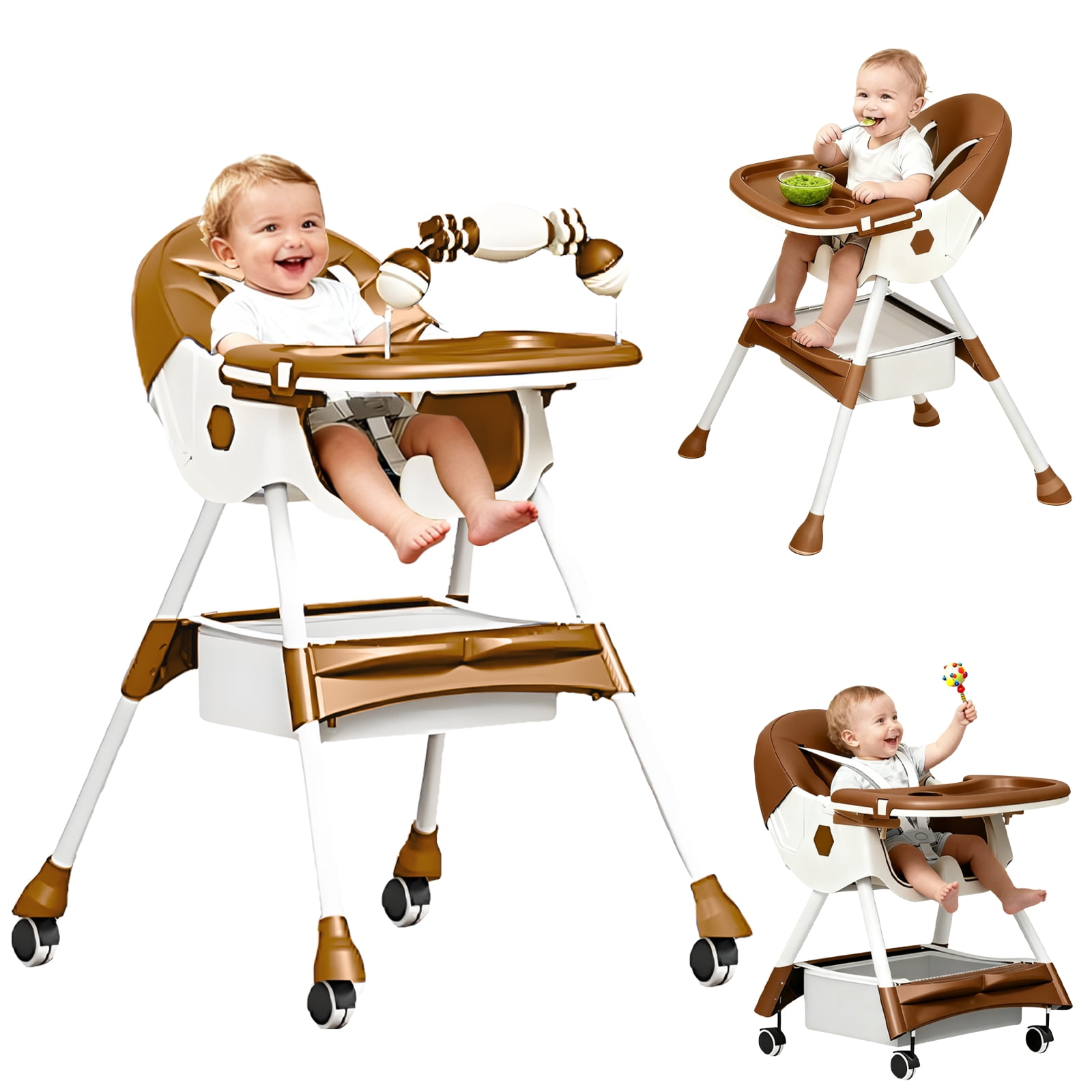 JieC 3 in 1 Baby High Chair, Foldable Baby Feeding Chair, For Infants and Toddlers 0-24 Months,Brown
