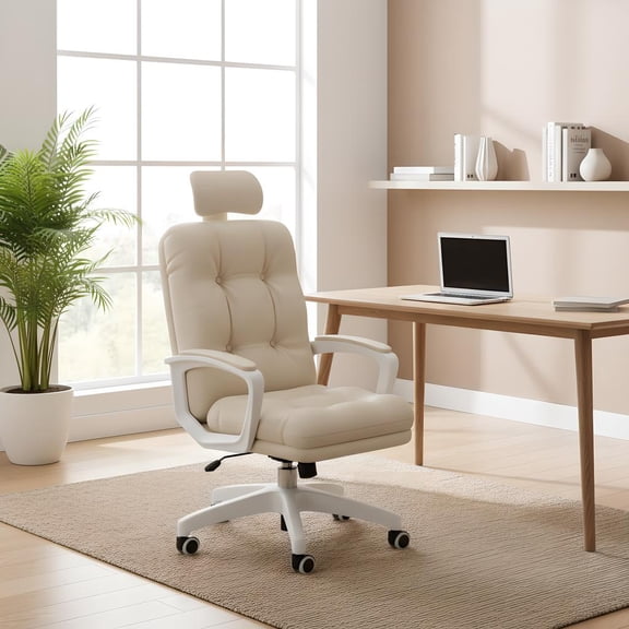 JieC 360° Swivel Home Desk Chair, Comfortable Computer Chairs with Headrest, Upholstered Height Adjustable Ergonomic Office Chair for Living Room Home