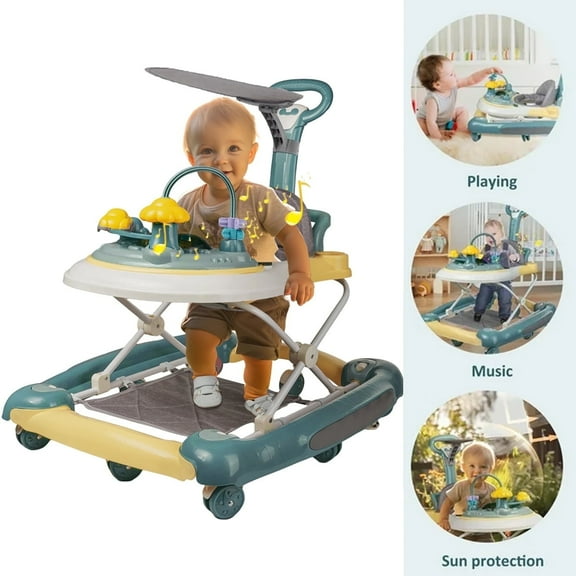 JieC 4 in 1 Baby Walker, Foldable Hand Push Walker, Height Adjustable, Suitable for Boys & Girls, Green