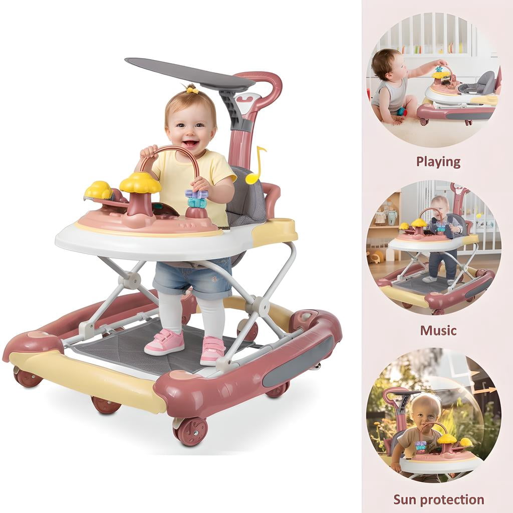 JieC 5-in-1 Baby Walker with Wheels,Infant Toddler Walkers Bouncer for Boys Girls,Pink
