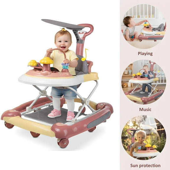 JieC 5-in-1 Baby Walker with Wheels,Infant Toddler Walkers Bouncer for Boys Girls,Pink