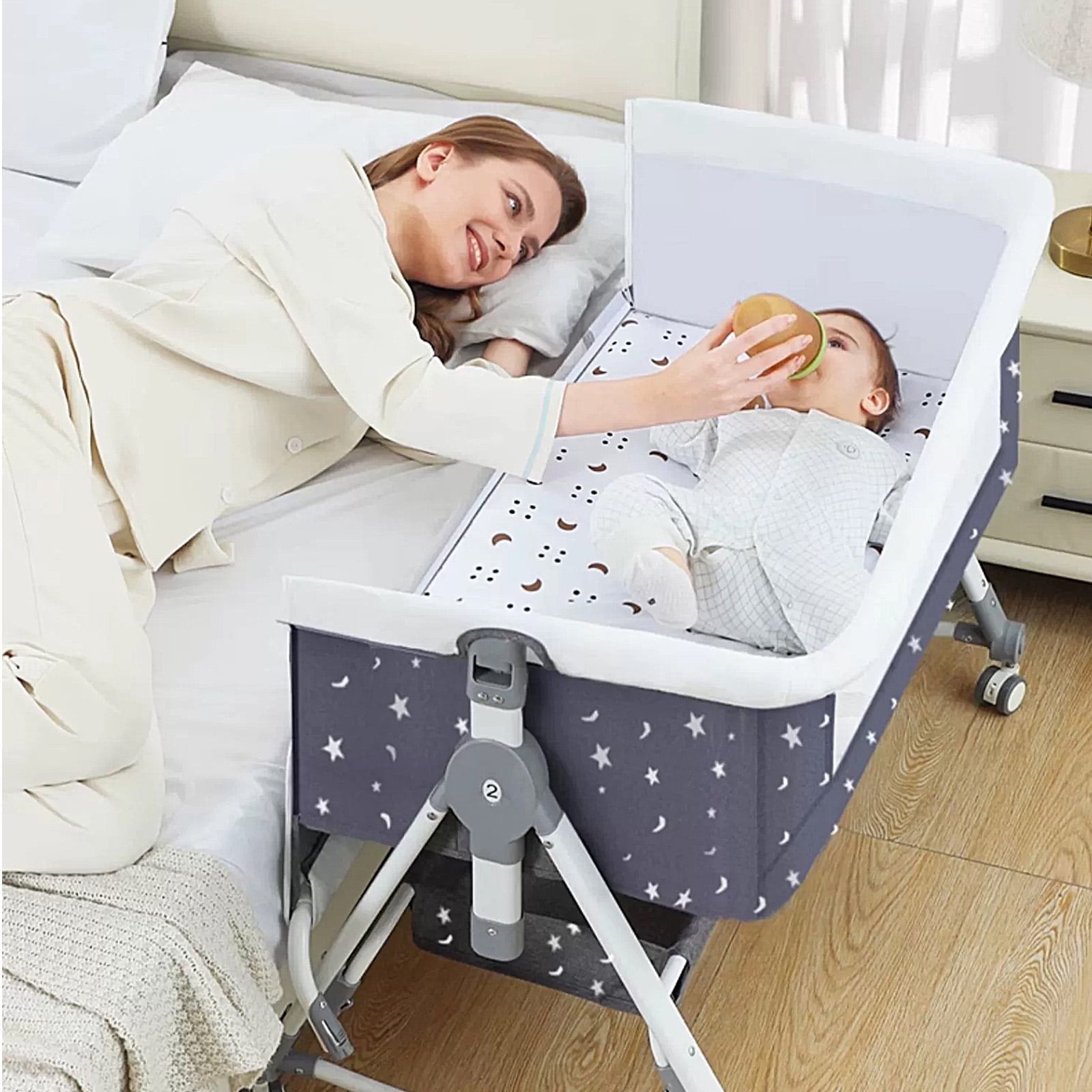 JieC 5-in-1 Baby Bassinet with Wheel,Adjustable Height Infant Bedside Crib with Diaper Table & Mosquito Net, Black