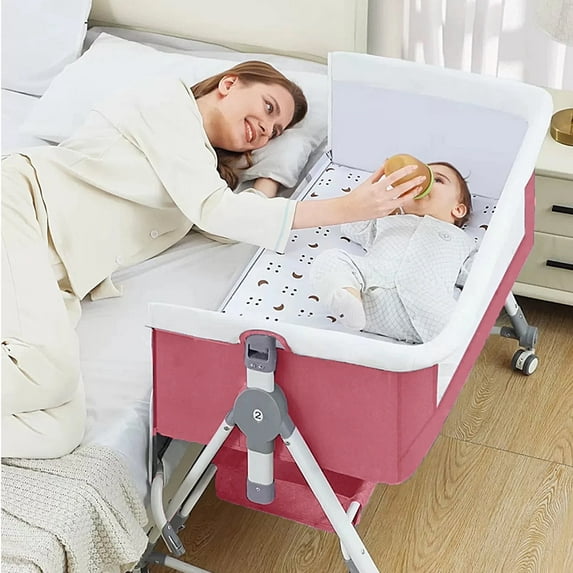 JieC 5-in-1 Baby Bassinet with Wheel,Adjustable Height Infant Bedside Crib with Diaper Table & Mosquito Net,Pink
