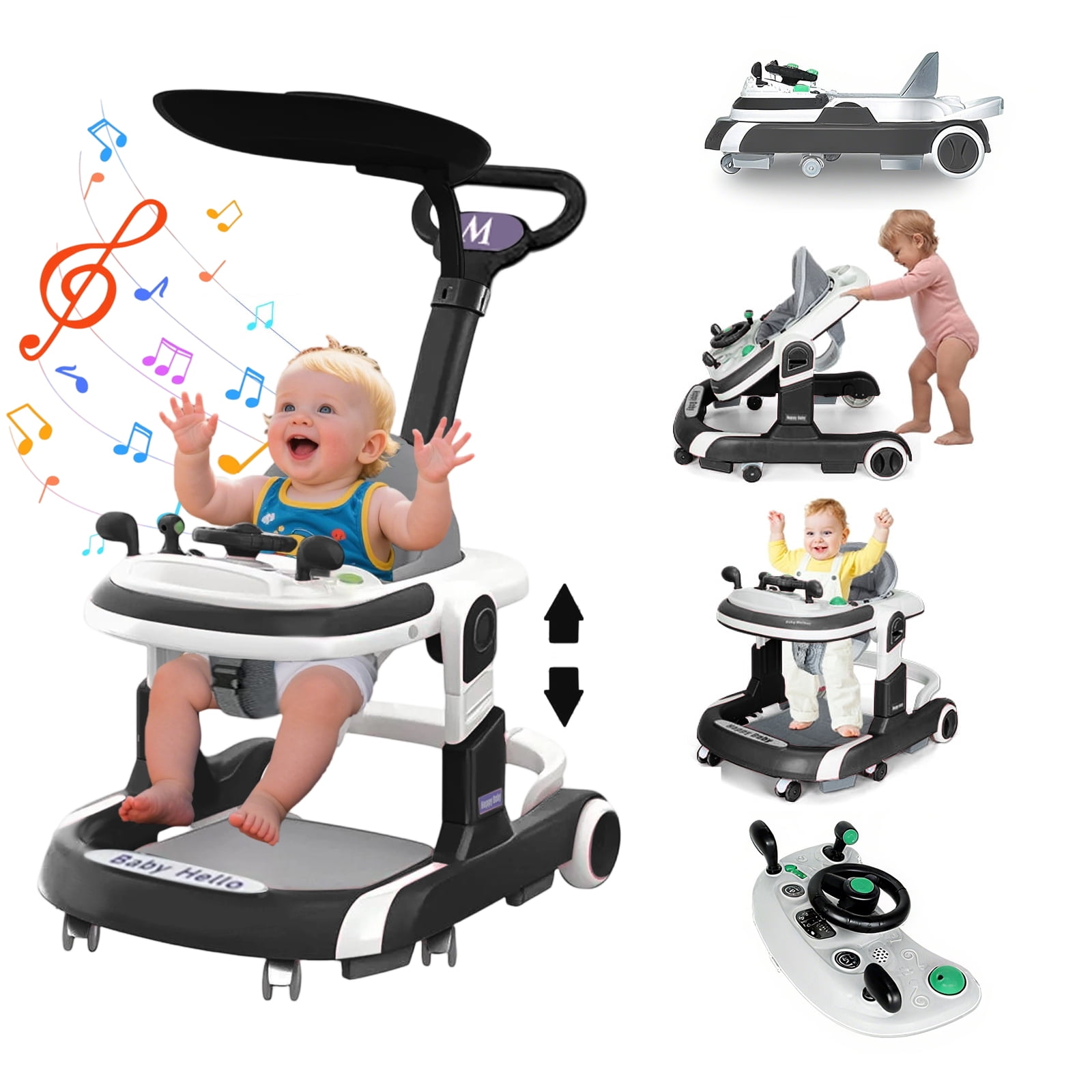 JieC 5-in-1 Musical Infant Baby Walker with Wheels, Push Walker for Girls Boys,Black