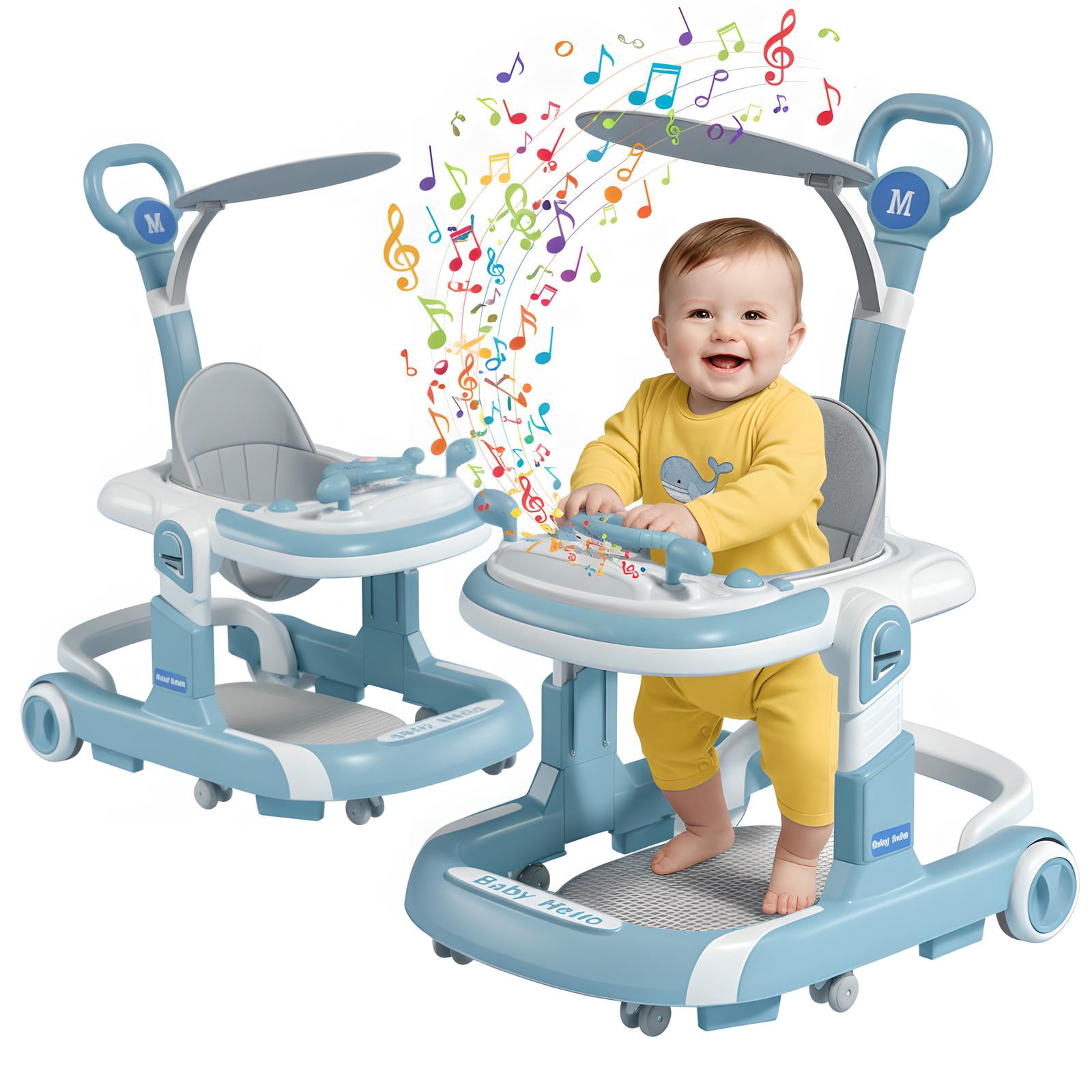 JieC 5-in-1 Foldable Baby Walker for 3 - 24 Months Baby Boys & Girls, with Toys Tray & Foot Pads/Handles，Blue
