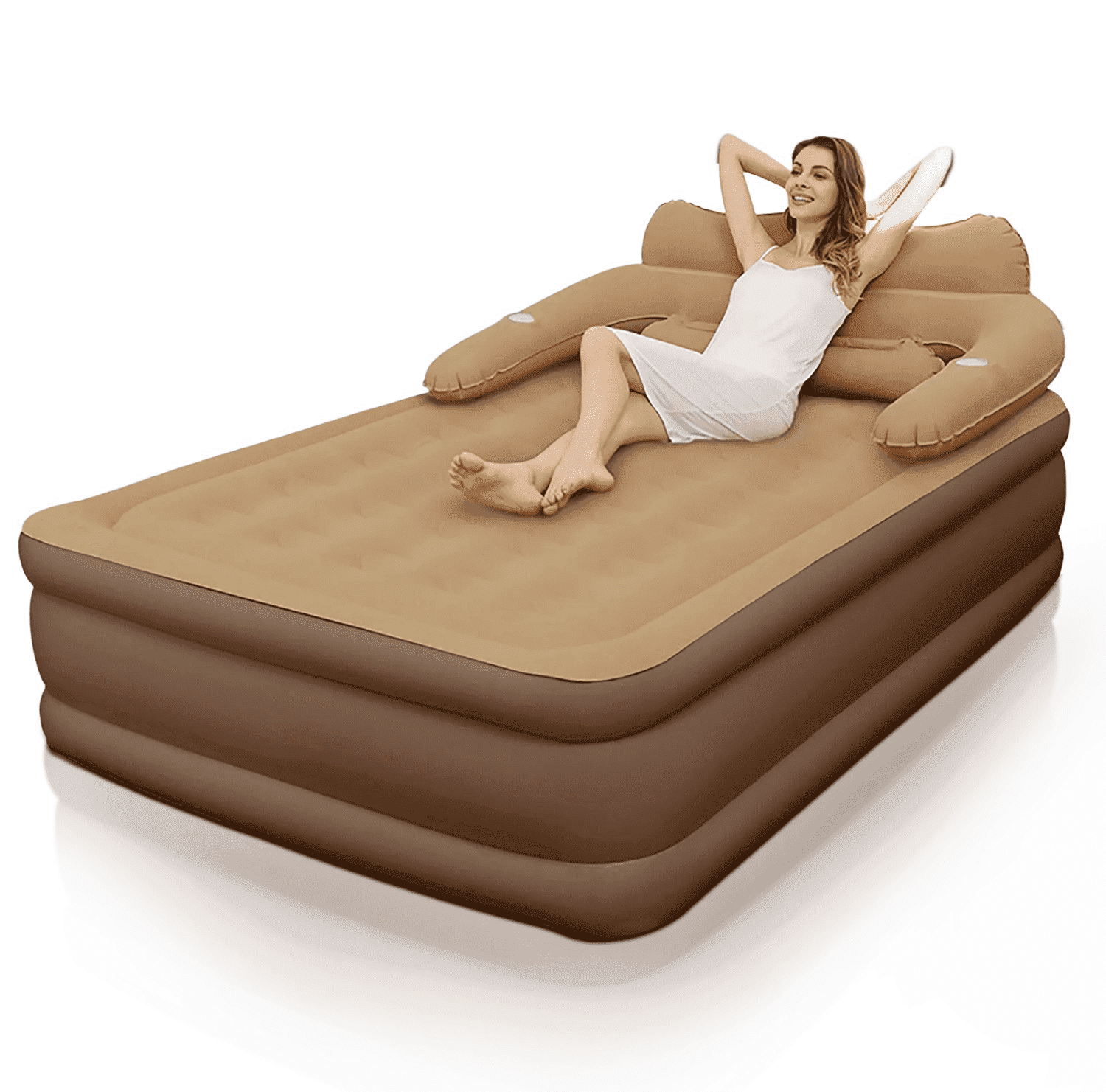 JieC Air Mattress , Inflatable Airbed with Built-in Pump & Headboard for Guest Home Camping Travel, 600lb MAX (Brown,Queen Size)