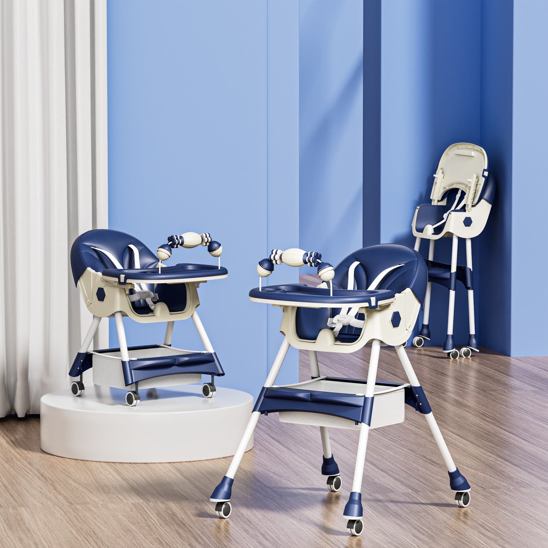 JieC Baby High Chair, 4 in 1 Convertible Highchair for Babies & Toddlers, Double Tray Dining Chair with 5-Point Harness & Silent Wheel,Blue