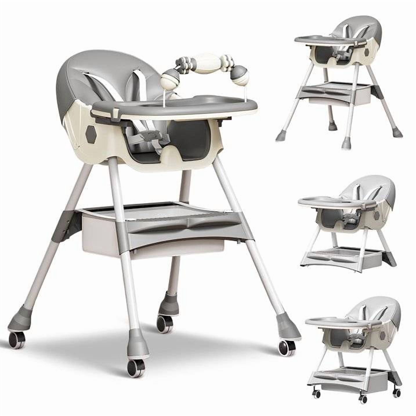 JieC Baby High Chair, 4 in 1 Convertible Highchair for Babies & Toddlers, Double Tray Dining Chair with 5-Point Harness & Silent Wheel,Gray