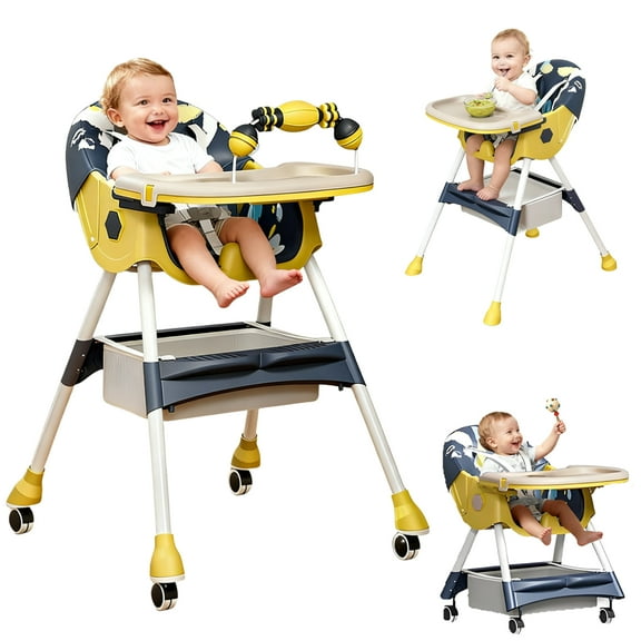 JieC Baby High Chair, 4 in 1 Convertible Highchair for Babies & Toddlers, Double Tray Dining Chair with 5-Point Harness & Silent Wheel,Yellow