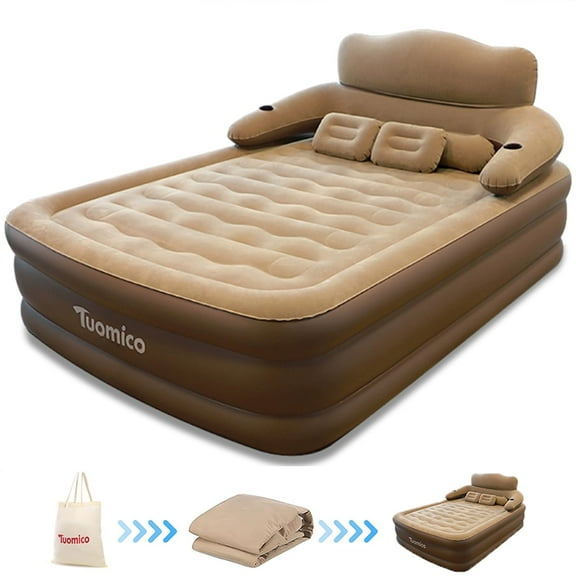 JieC Inflatable Bed Double Leak-Proof mattress with Electric Pump & Pillows Removable Backrest Multifunctional Foldable Air Sofa Guest Bed, Brown