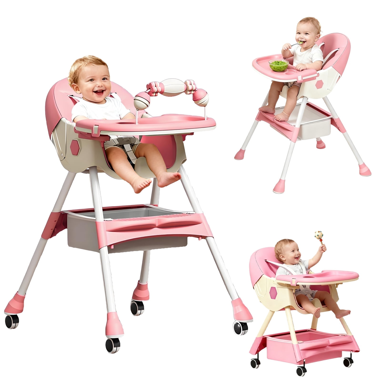 JieC Portable Baby High Chair for Infants & Toddlers with 5 Point Harness,Foldable Dining Feeding Chair with Double Dining Plate & Toy Rack,Pink