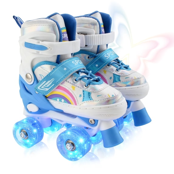 JieC Rainbow Unicorn 4 Size Adjustable Light up Roller Skates for Girls Boys for Kids,Blue