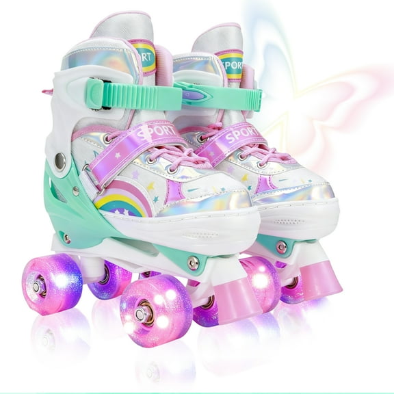 JieC Rainbow Unicorn 4 Size Adjustable Light up Roller Skates for Girls Boys for Kids,Pink