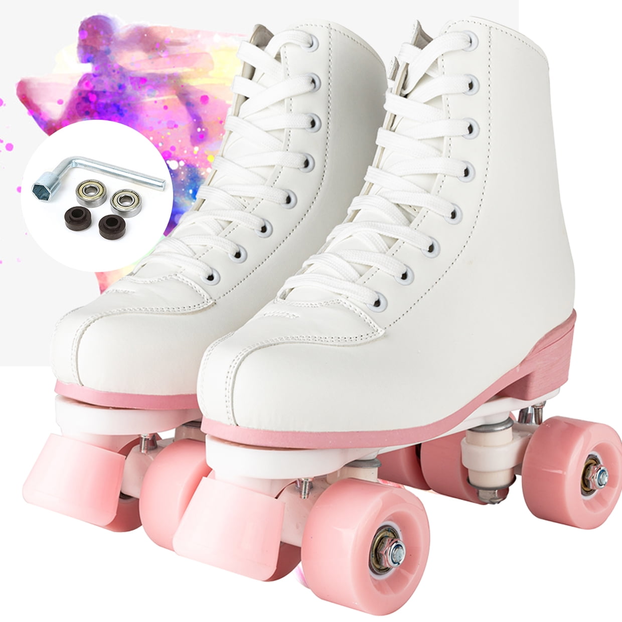 JieC Roller Skate for Women&Men, Adult Teen Classic Fashion Roller Skates with Pink Flash Wheel, White&Pink(Women's 8 / Men's 7)