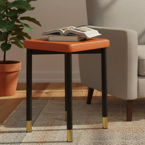 JieC Upholstered Vanity Stool,PU Leather Metal Legs for Living Room, Adult,Orange