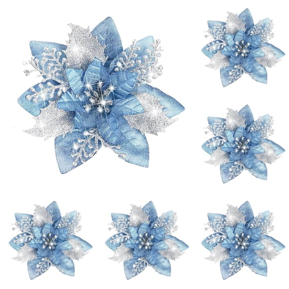 Jieadkavo Christmas Flower Ornaments, Artificial Glitter Flowers 5.7 Inch for Tree Wreath Garland Centerpiece Winter Holiday Decor, 12PC Light Blue