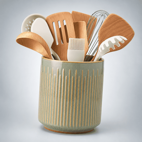 Jiemei Home Kitchen Utensil Holder Ceramic Stable Crock For Countertop 7.2" Large Organizer With Cork Mat Removable Divider Decor And Accessories Searth