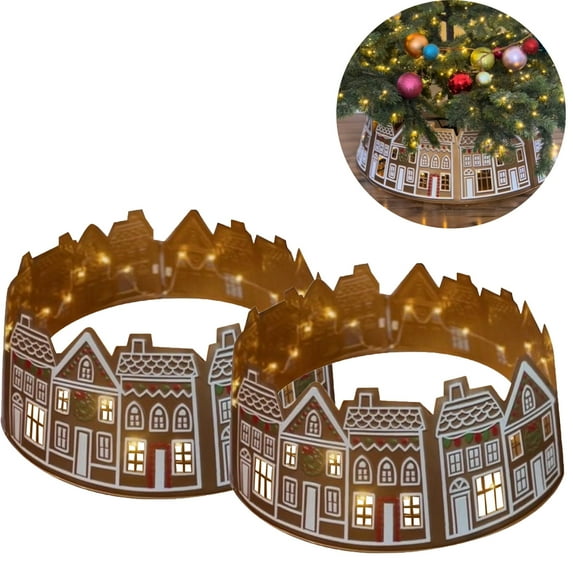 Jienlioq 2PC Gingerbread House Christmas Tree Collar LED Christmas Tree Collar Suitable For Gingerbread House Christmas Tree Skirt LED Christmas Tree Collar Diameter 60CM/23