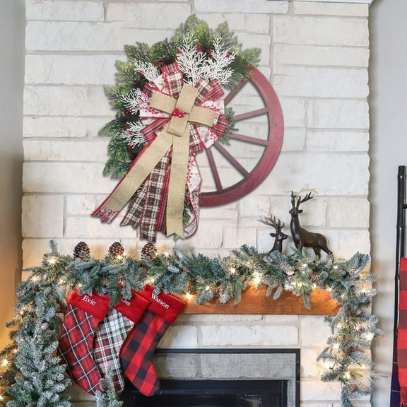 Jienlioq Christmas Clearance Rustic Christmas Door Wreath - Artificial Vintage Wreath with Bow Berry for Indoor Outdoor Wall Window (24 Inch)