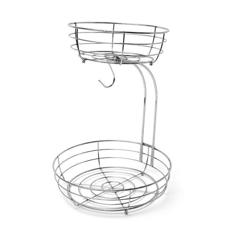 Jierger 2-Tier Countertop Fruit Basket Bowl with Banana Hanger, Metal Wire Fruits Stand Holder Storage Organizer for Kitchen Counter, Vegetable Countertop Produce Storage Holder, Silver