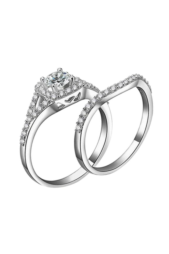 2PCS New Ring Design Silver Color Wedding Ring Set for Women Engagement Finger Gift Banquet Jewelry, Valentines Gifts for Boy-friend Girl-friend Best Friends Men Women Lover Him Her Clearance