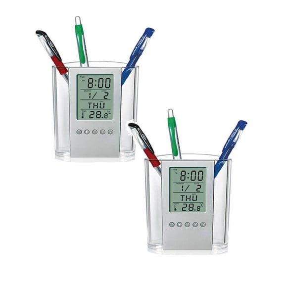 Jierger 2PCS Pen Holder, Pen Organizer for Desk with Digital Alarm Clock Temperature Display Function Desk Organizers and Storage Clock Pencil Holder Stationery Organizer Desk Decor