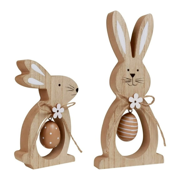 Jierger 2Pcs Rustic Wooden Easter Bunny & Egg Decor, Farmhouse Style Spring Ornament for Tiered Tray & Tabletop, Festive Home Indoor Living Room Kitchen Easter Holiday Decor