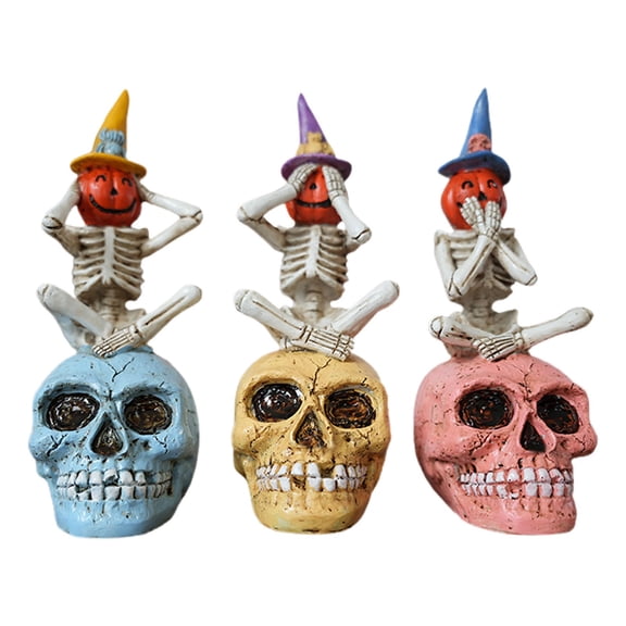 Jierger 3 Pcs Halloween Skeleton Statue Set of 3 Witch Hat Pumpkin Skeleton Figurines with Base Gothic Decoration for Tabletop Home Desktop, Bookshelf, Bedroom, or Housewarming Gift