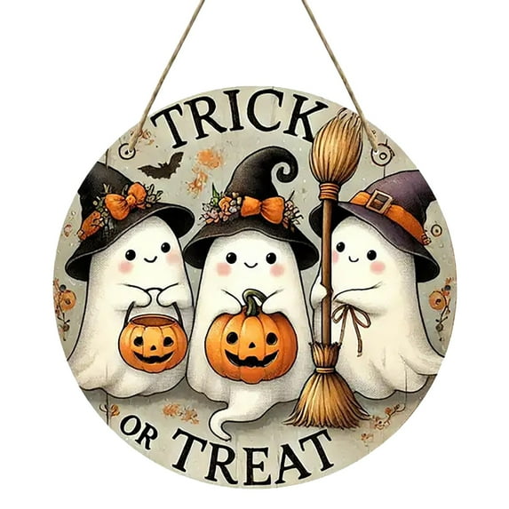 Jierger 7.87 Inch Halloween Door Decoration Round H Halloween Front Door Welcome Logo Pumpkin Door Hanger Retro Trick Or Hanging Logo Home Kitchen Garden Porch Decoration