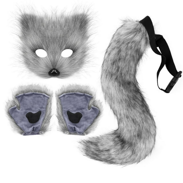 Jierger Animal Wolf Gloves & Furry Cat Ears Collar Set with Tail Kit