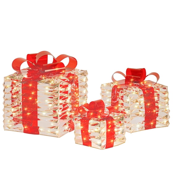 Jierger Christmas Lighted Set Of 3 Warm Lighted Christmas Box Decorations With Bows Battery Operated Light Up Present For Christmas Tree Home Yard Holiday Decorations