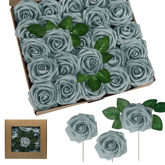 Jierger Clearance 25pcs Artificial Flower Foam Rose Real Touch Roses Flower Heads with Stem for DIY Wedding Bouquets Centerpieces Arrangements Party Home Decoration