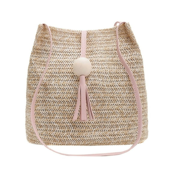 Jierger Fashion Ladies Summer 𝑺𝒕𝒓𝒂𝒘 Tassel Wood Ball Wild Shoulder Bag Beach Casual Bag for Women Shoulder Purses and Handbags for Men Women Outdoor Travel