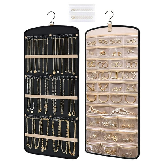 Jierger Hanging Jewelry Organizer Storage Roll with Hanger Metal Hooks Double-Sided Jewelry Holder for Earrings, Necklaces, Rings on Closet, Wall, Door, 1 piece